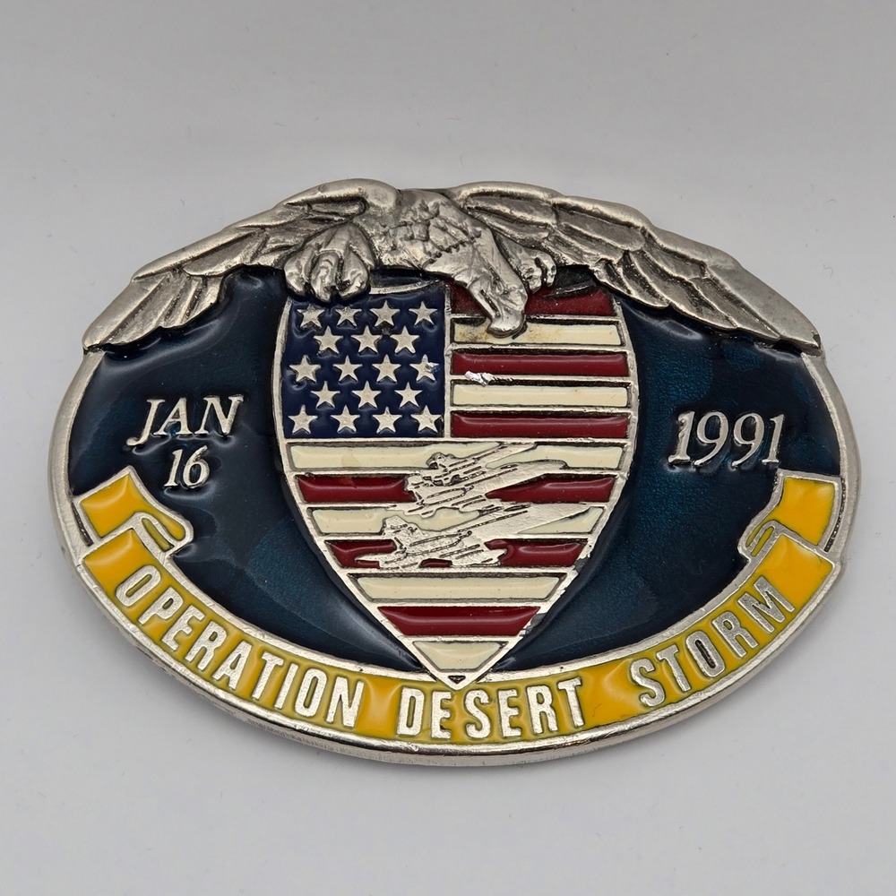 Vintage 1991 Operation Desert Storm Belt Buckle Jan 16 Gulf War Made in USA